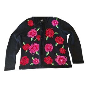 Berek 2 VTG Pink & Red rose Sweater W/Beading, Sequins & Embroidery Size‎ M #c